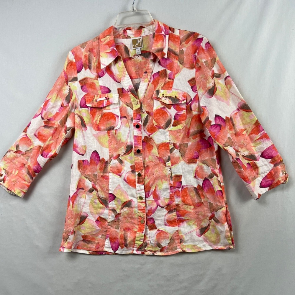 JM Collection Floral Blouse Womens 10 Orange Pink Linen Coastal Beach  Button Up